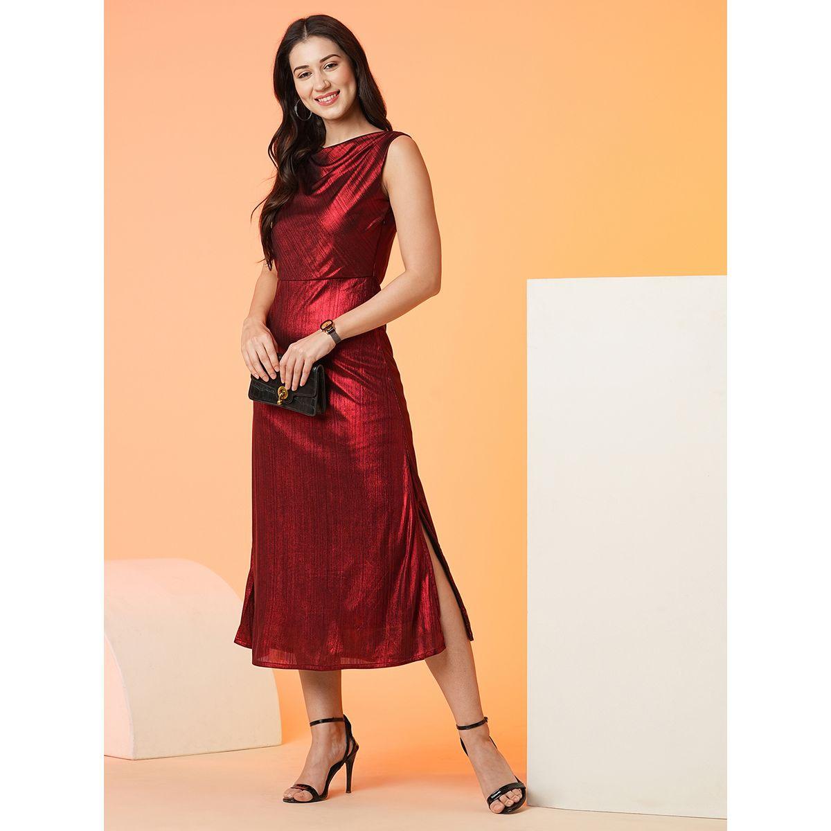 Globus Women Red Plain Cowl Neck Sheath Midi Dress-women-clothing-dresses-image-2