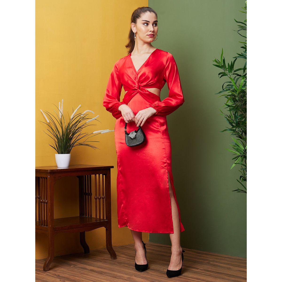 Globus Women Red Solid Cut Out Sheath Midi Dress with Twist Front-women-clothing-dresses-image-1
