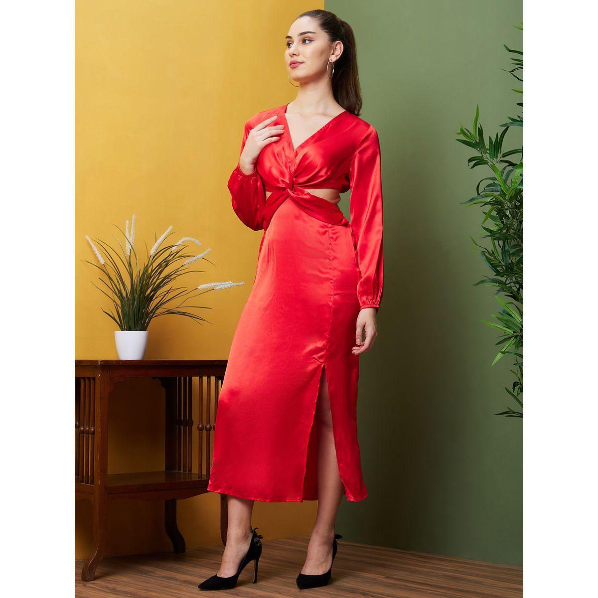 Globus Women Red Solid Cut Out Sheath Midi Dress with Twist Front-women-clothing-dresses-image-2