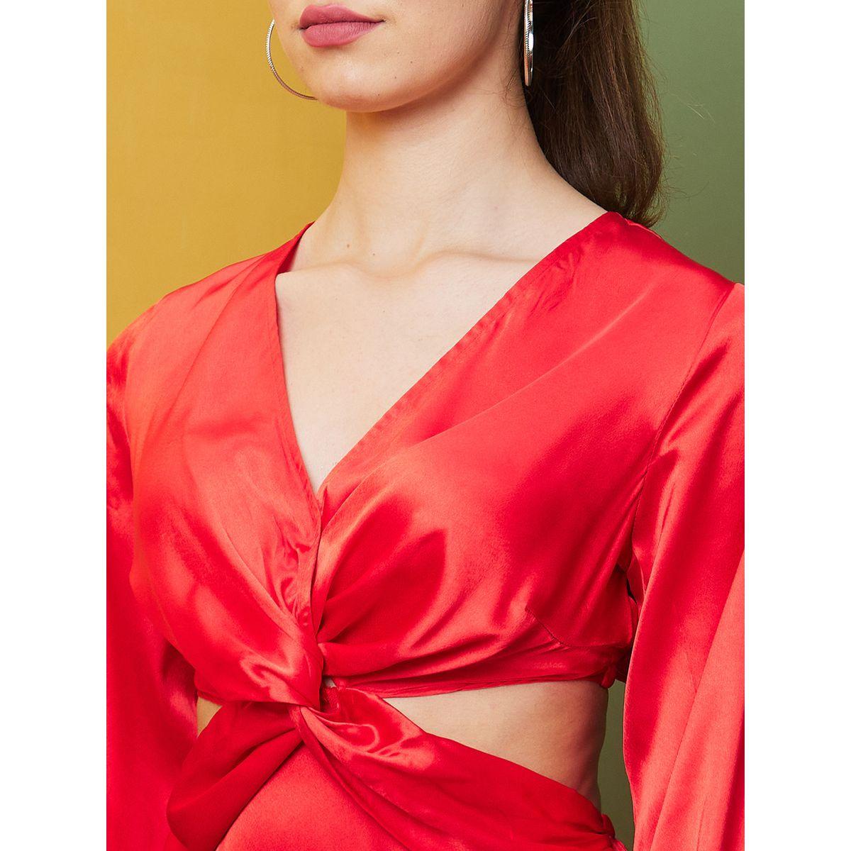 Globus Women Red Solid Cut Out Sheath Midi Dress with Twist Front-women-clothing-dresses-image-4