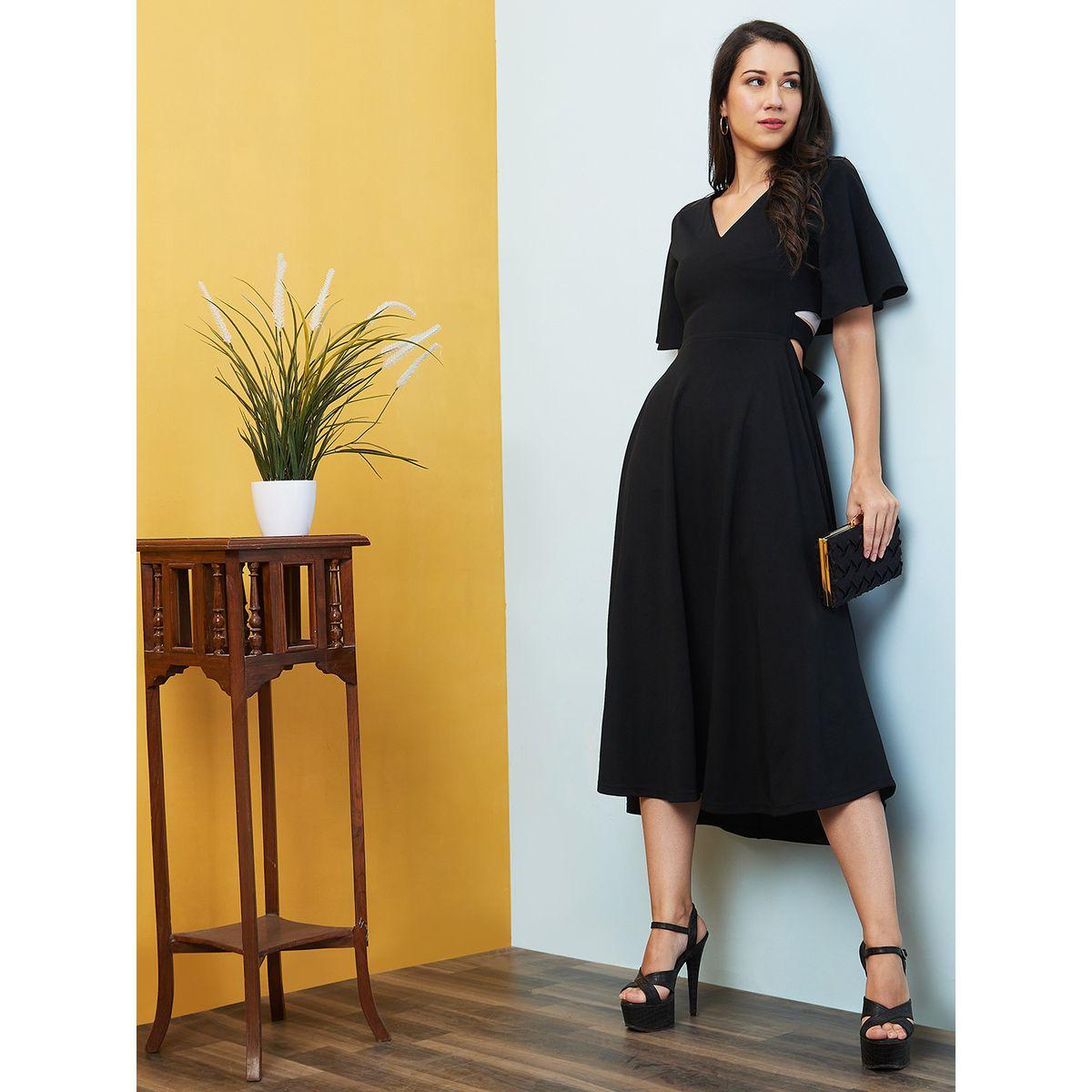 Globus Women Black Solid V Neck A-Line Midi Dress with Cut Out Back-women-clothing-dresses-image-1