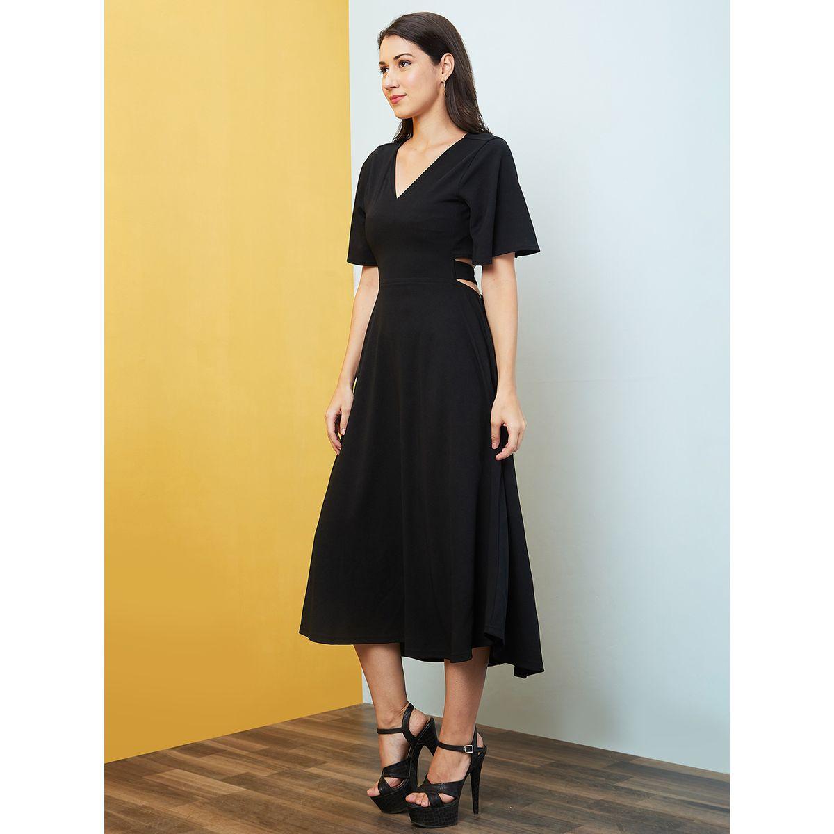 Globus Women Black Solid V Neck A-Line Midi Dress with Cut Out Back-women-clothing-dresses-image-2