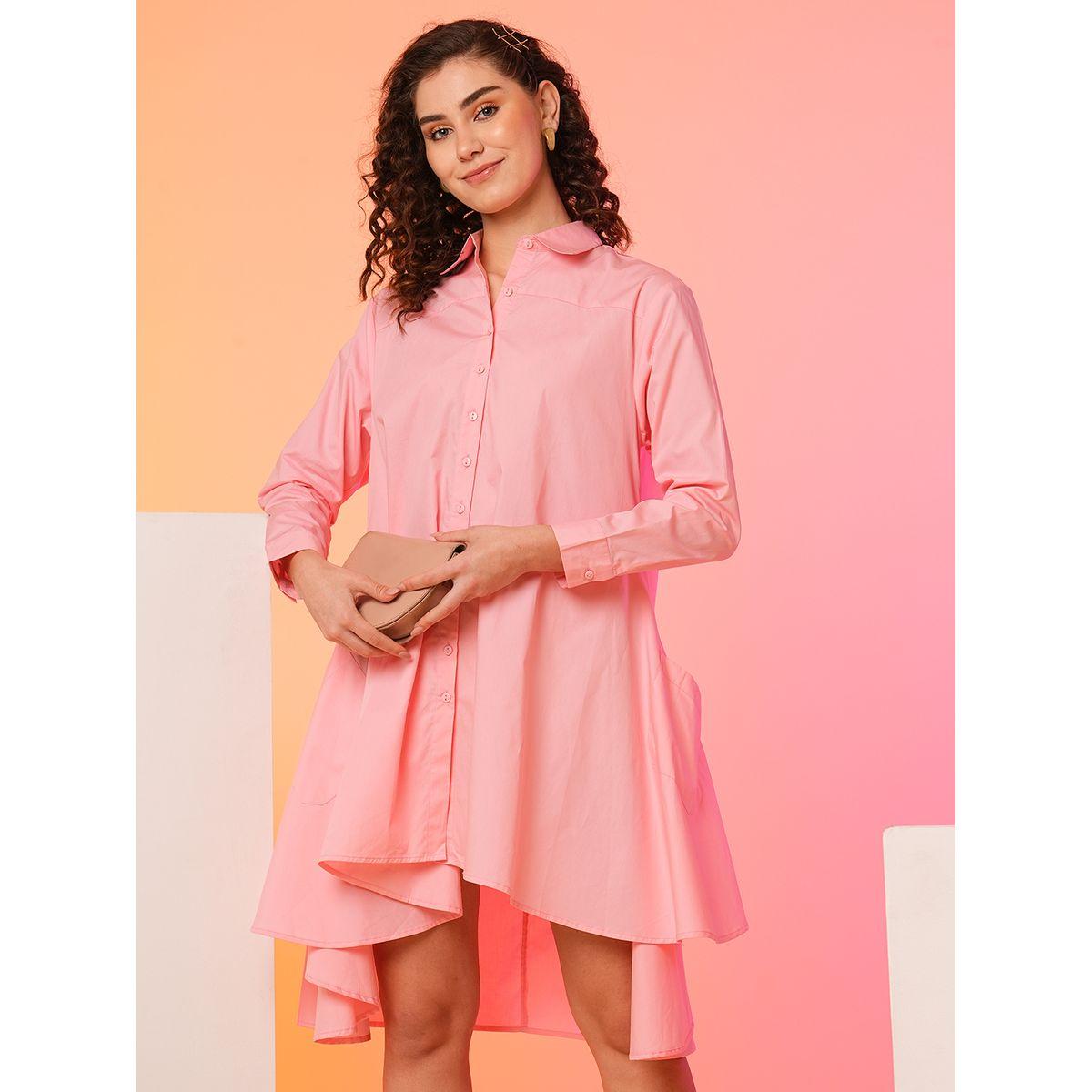 Globus Women Peach Solid Asymmetric Hem Shirt Mini Dress-women-clothing-dresses-image-1