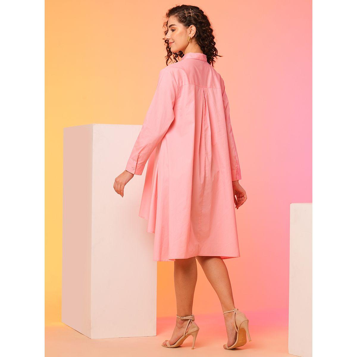 Globus Women Peach Solid Asymmetric Hem Shirt Mini Dress-women-clothing-dresses-image-3