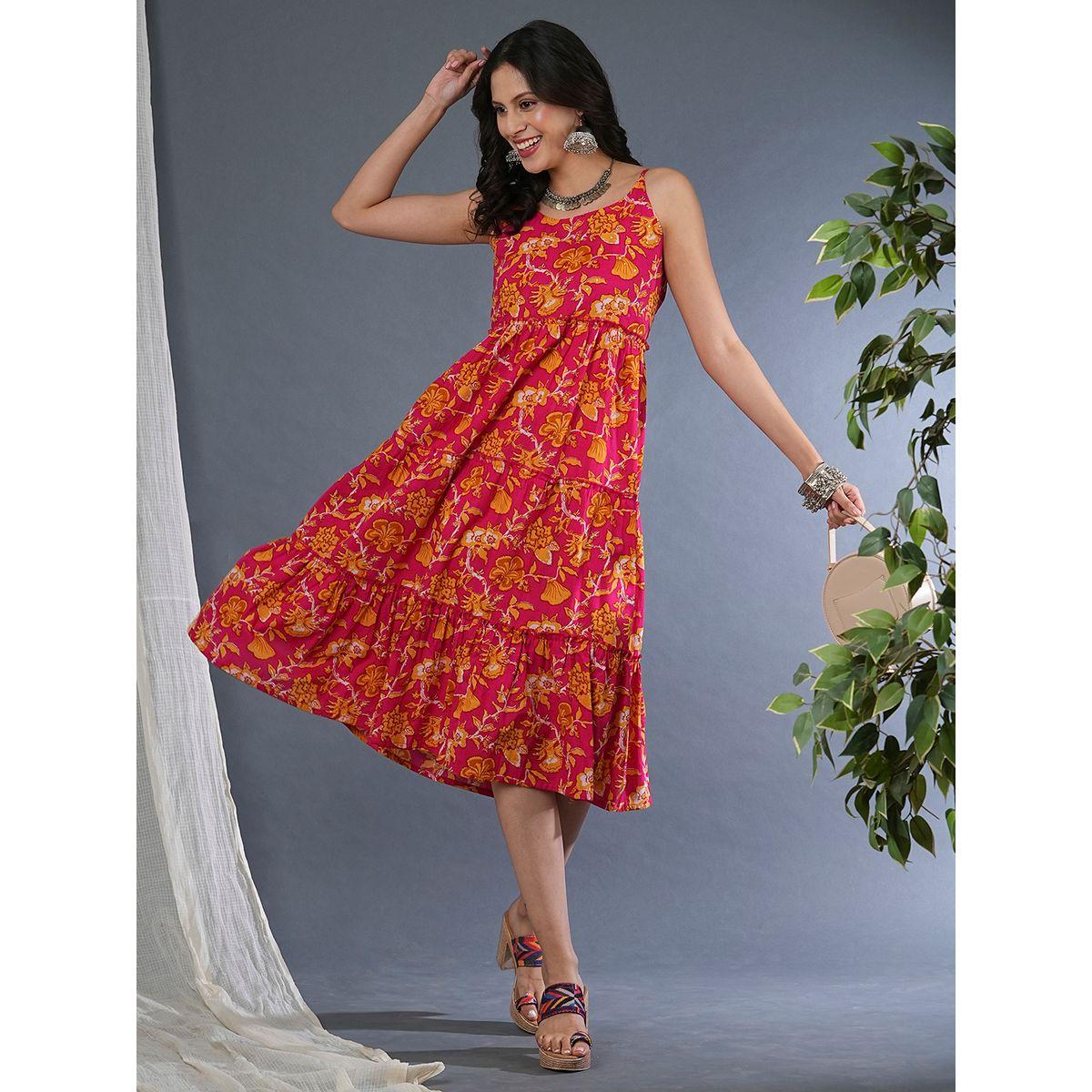 فستان ميدي مطبع بزهور مع كسرات وحمالات رفيعة-women-clothing-dresses-image-1