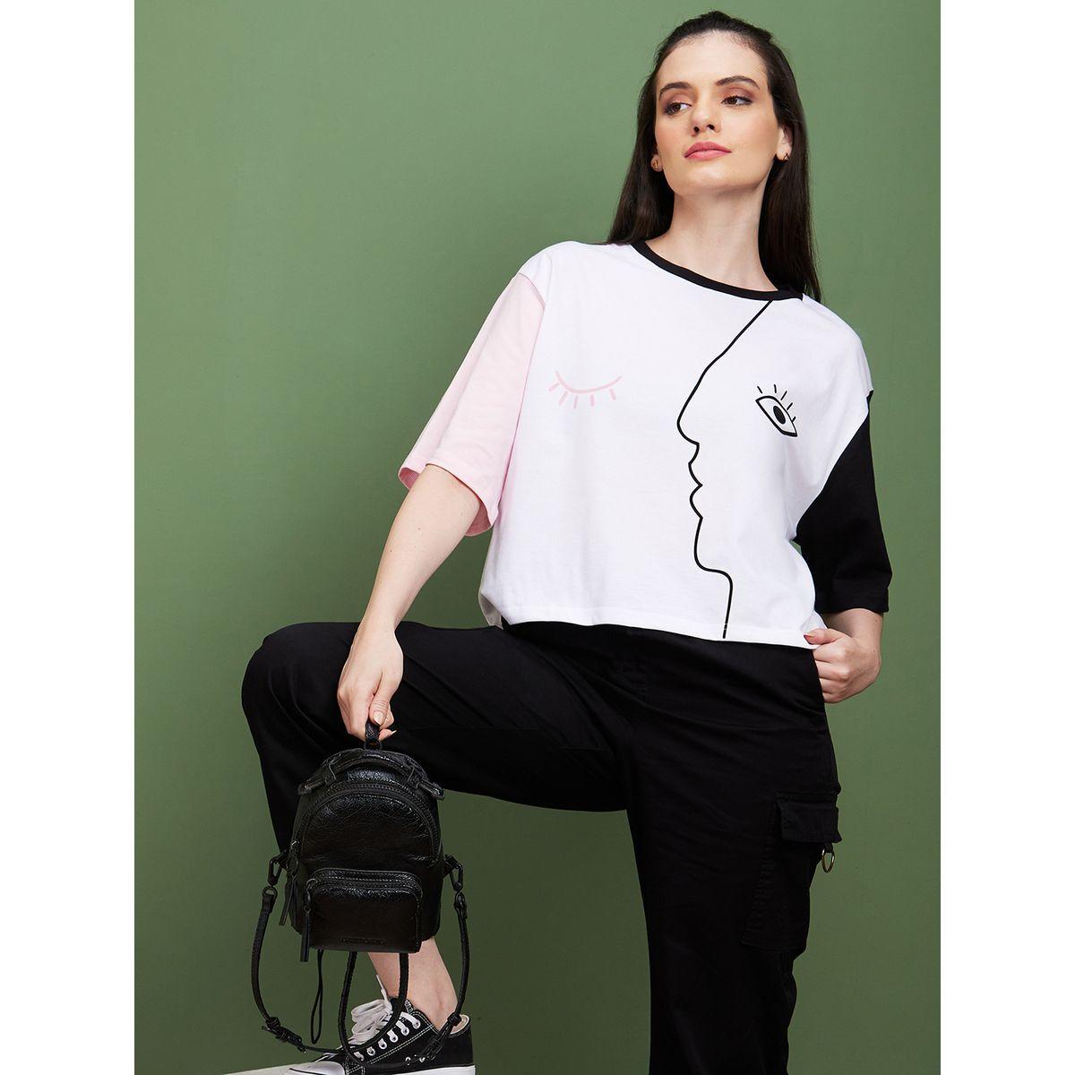 تيشيرت بنمط كتل الالوان وياقة دائرية-women-clothing-tshirts-image-1
