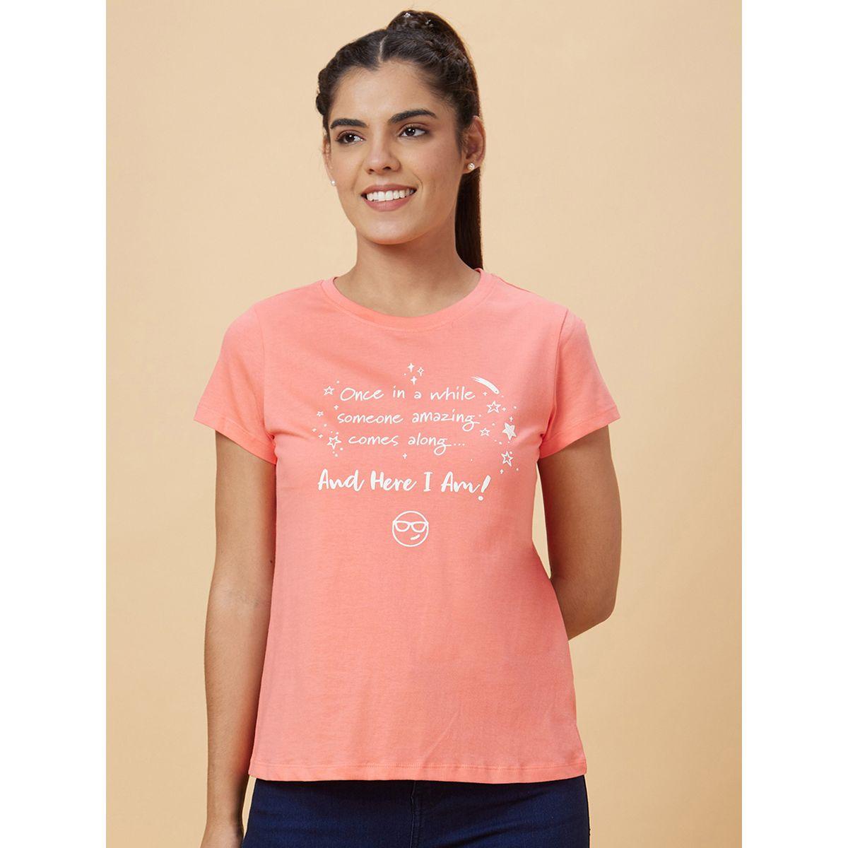 تيشيرت بياقة دائرية وطبعة كتابة-women-clothing-tshirts-image-2