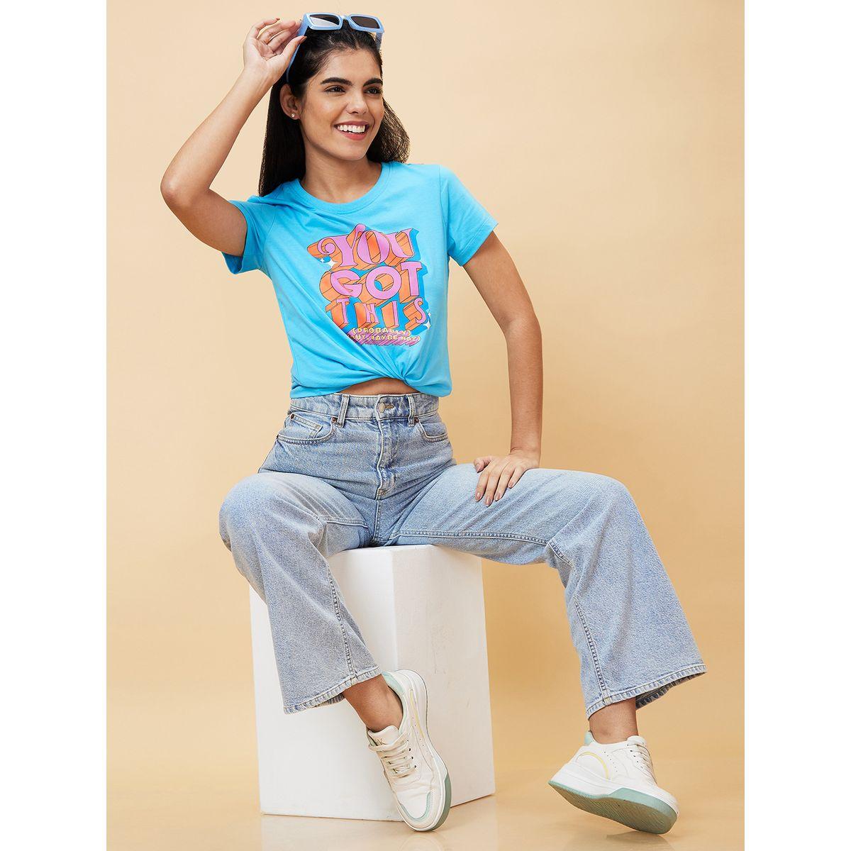 تيشيرت بياقة دائرية وطبعة كتابة-women-clothing-tshirts-image-1