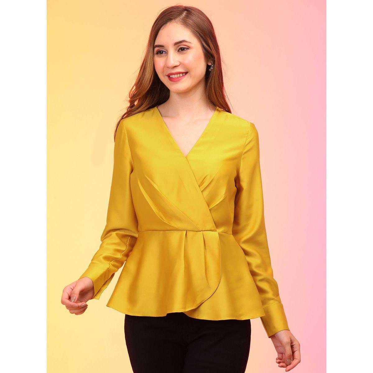 Globus Solid V-Neck Long Sleeves Pleated Wrap Top-women-clothing-shirtsandblouses-blouses-image-1