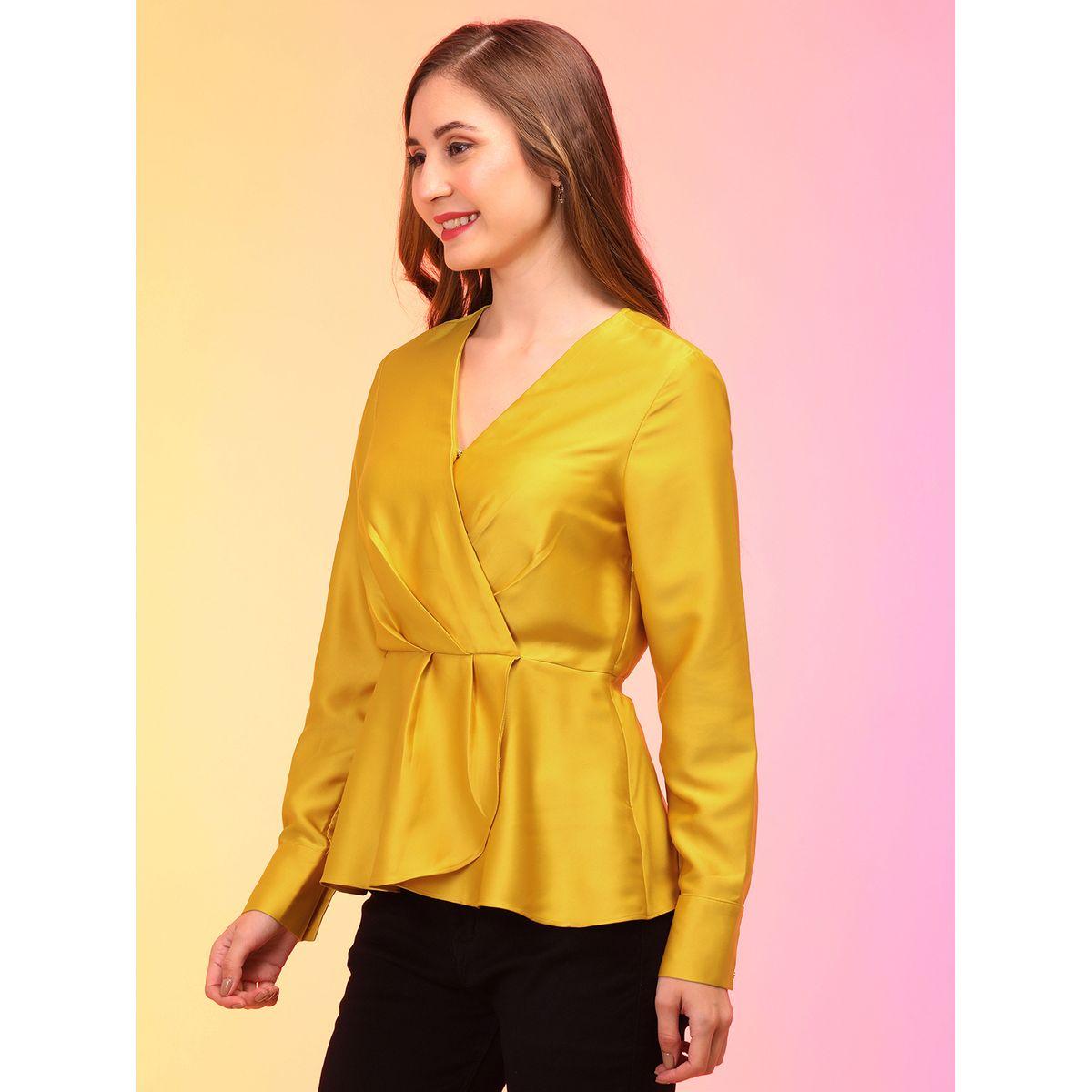 Globus Solid V-Neck Long Sleeves Pleated Wrap Top-women-clothing-shirtsandblouses-blouses-image-2