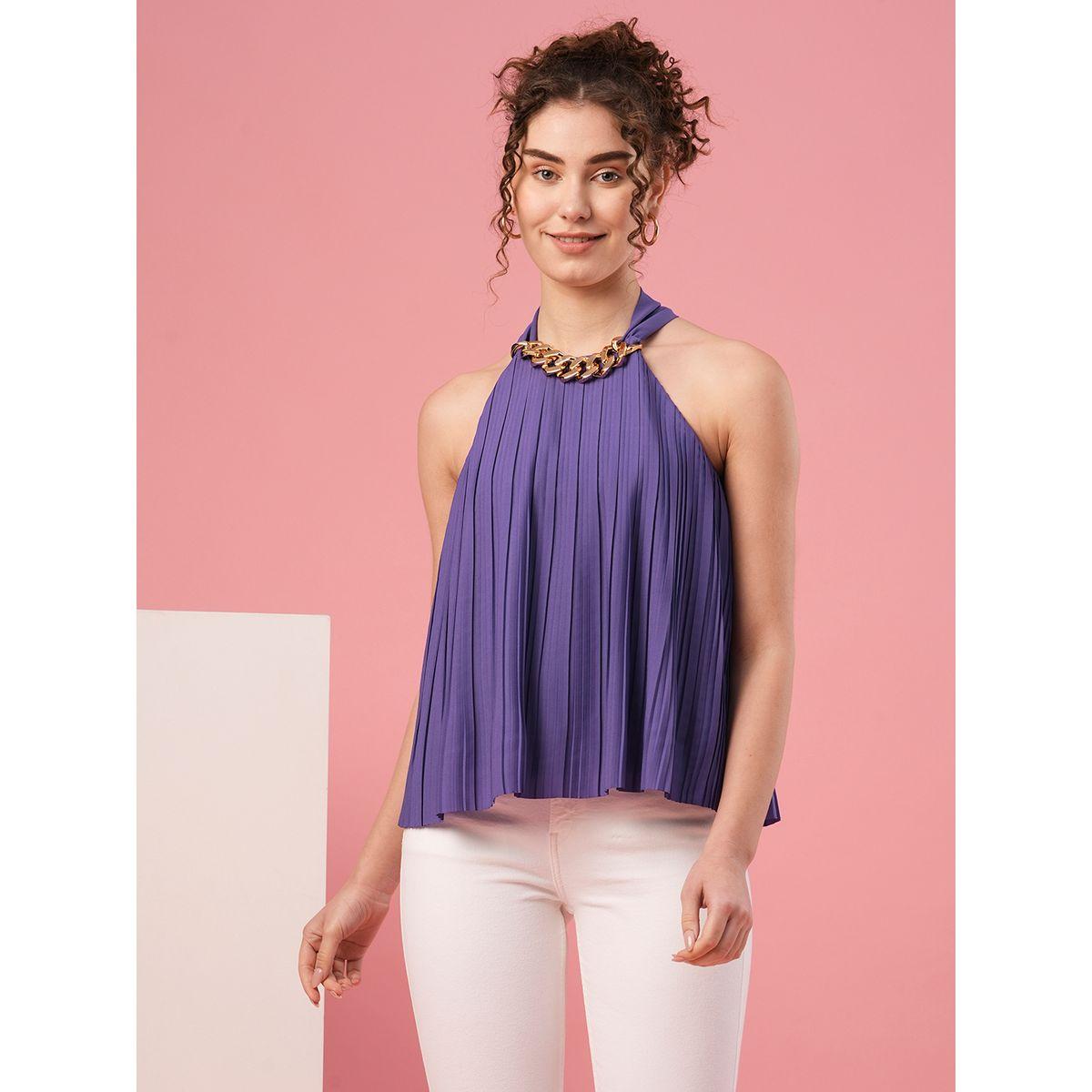 بلوزة سادة منمقة بكسرات مع سلسلة-women-clothing-shirtsandblouses-blouses-image-1