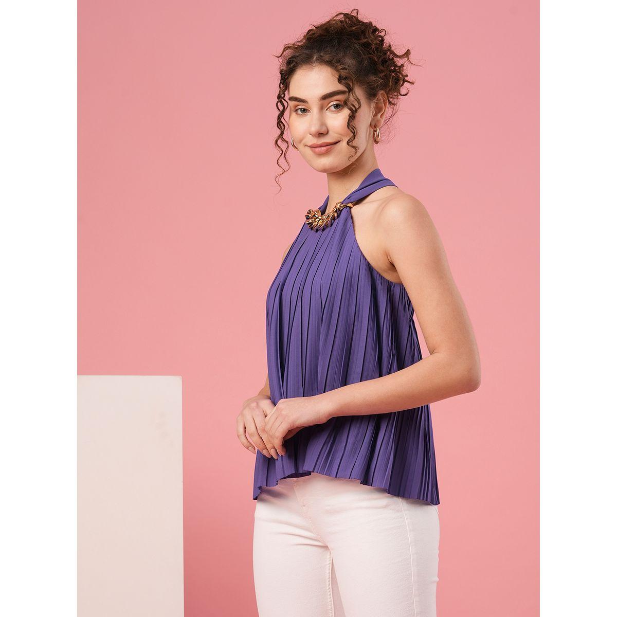 بلوزة سادة منمقة بكسرات مع سلسلة-women-clothing-shirtsandblouses-blouses-image-2