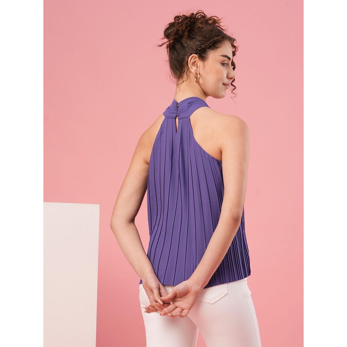 Globus Women Purple Solid Accordion Pleated Top with Chain Detail-women-clothing-shirtsandblouses-blouses-image-3