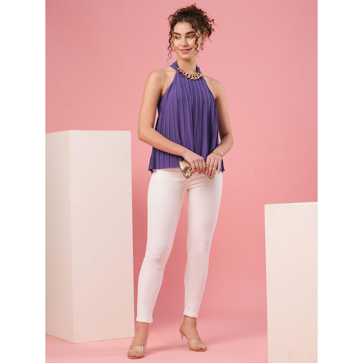 Globus Women Purple Solid Accordion Pleated Top with Chain Detail-women-clothing-shirtsandblouses-blouses-image-5