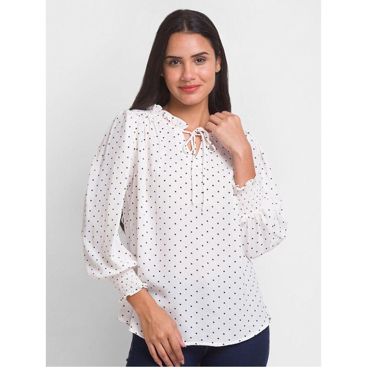 بلوزة بطبعة نقاط بولكا وأكمام بالون مع ياقة بأربطة-women-clothing-shirtsandblouses-blouses-image-1