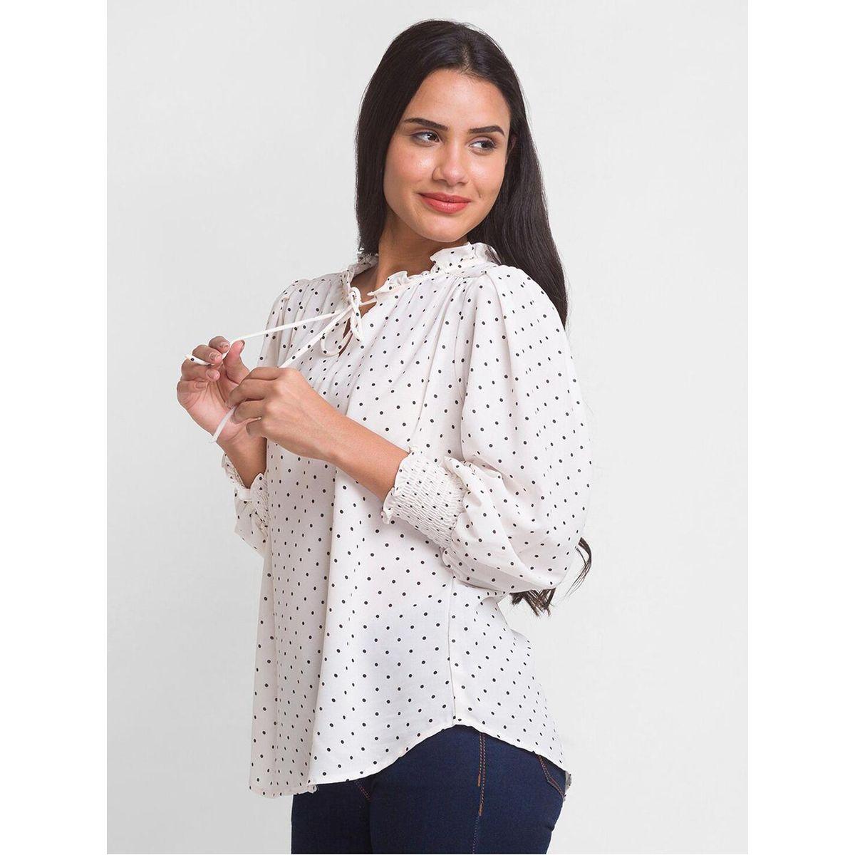 بلوزة بطبعة نقاط بولكا وأكمام بالون مع ياقة بأربطة-women-clothing-shirtsandblouses-blouses-image-2