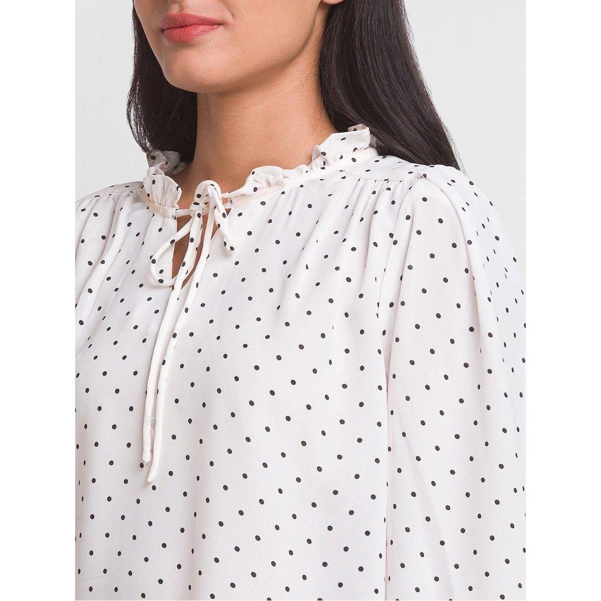 بلوزة بطبعة نقاط بولكا وأكمام بالون مع ياقة بأربطة-women-clothing-shirtsandblouses-blouses-image-4