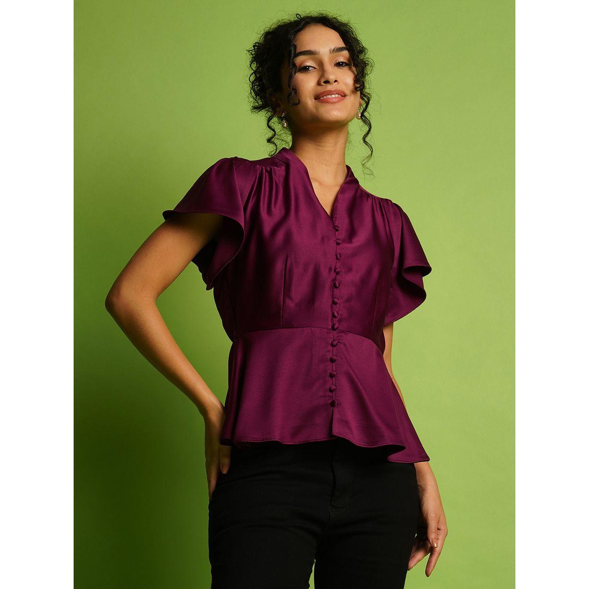 بلوزة بيبلوم سادة بأكمام فلوتر-women-clothing-shirtsandblouses-blouses-image-1