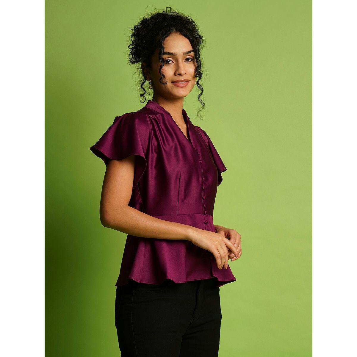 بلوزة بيبلوم سادة بأكمام فلوتر-women-clothing-shirtsandblouses-blouses-image-2