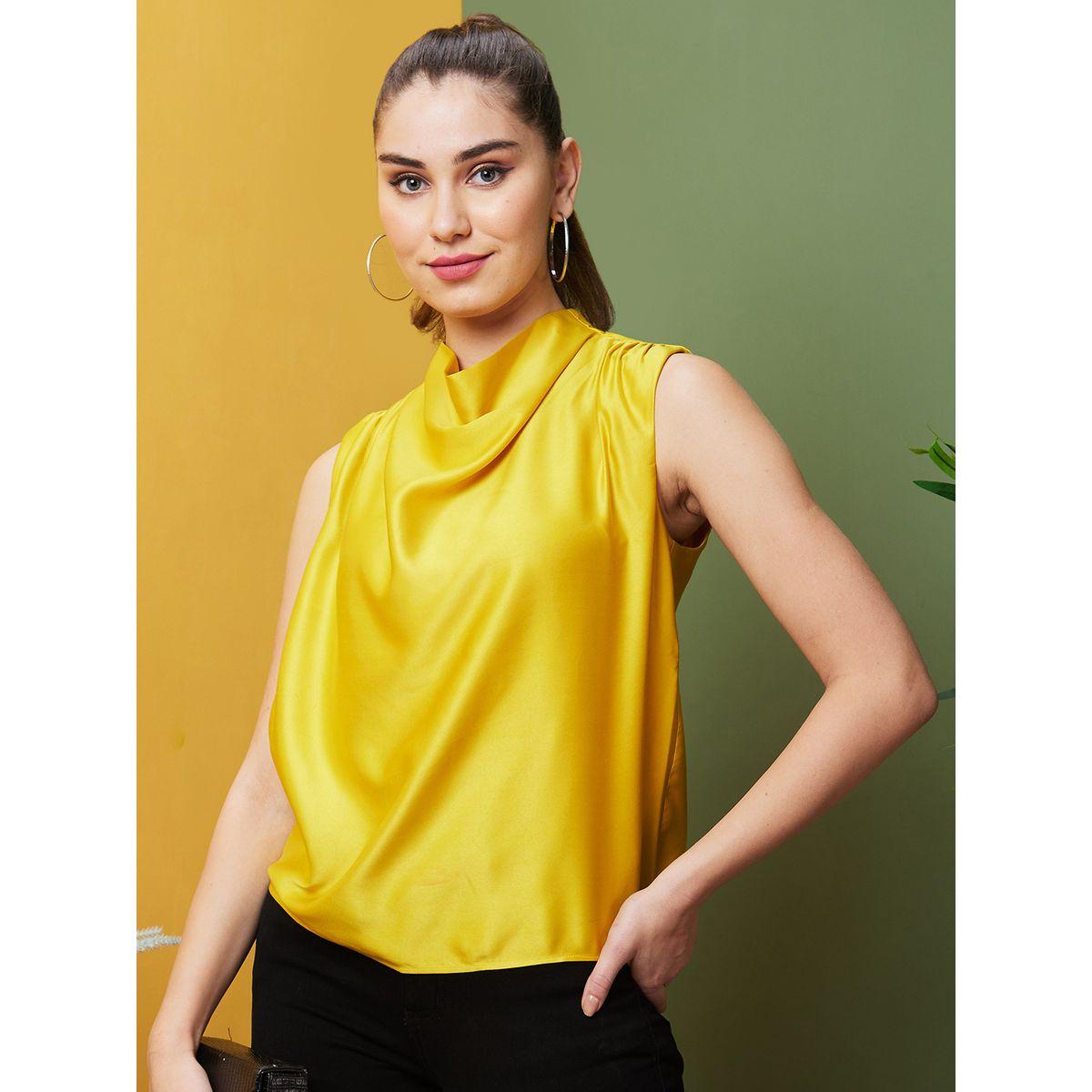 Globus Women Yellow Solid Cowl Neck Satin Top-women-clothing-shirtsandblouses-blouses-image-1