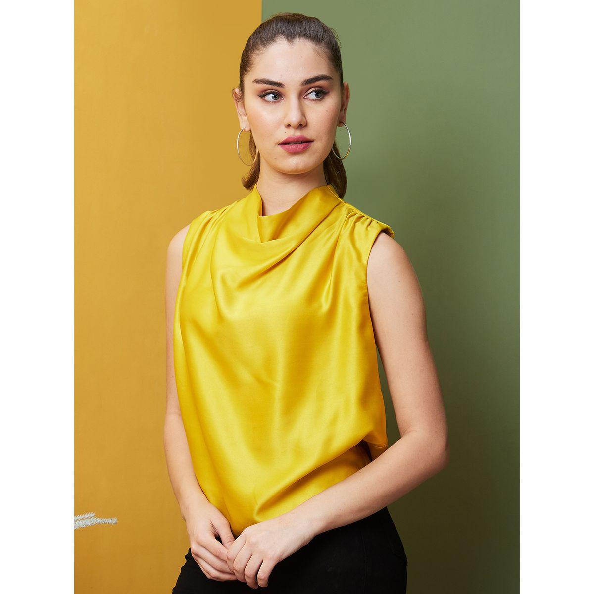 Globus Women Yellow Solid Cowl Neck Satin Top-women-clothing-shirtsandblouses-blouses-image-2