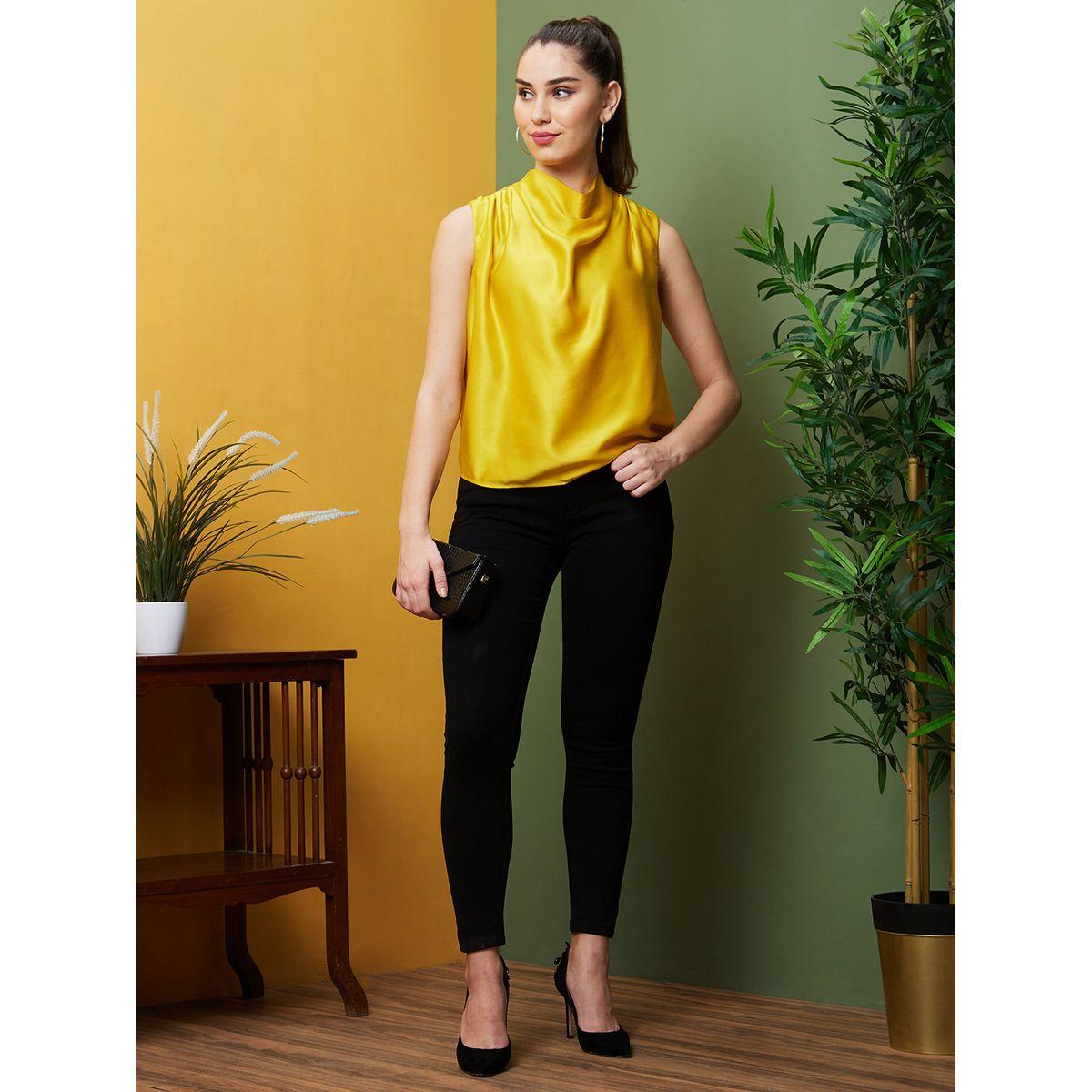 Globus Women Yellow Solid Cowl Neck Satin Top-women-clothing-shirtsandblouses-blouses-image-5