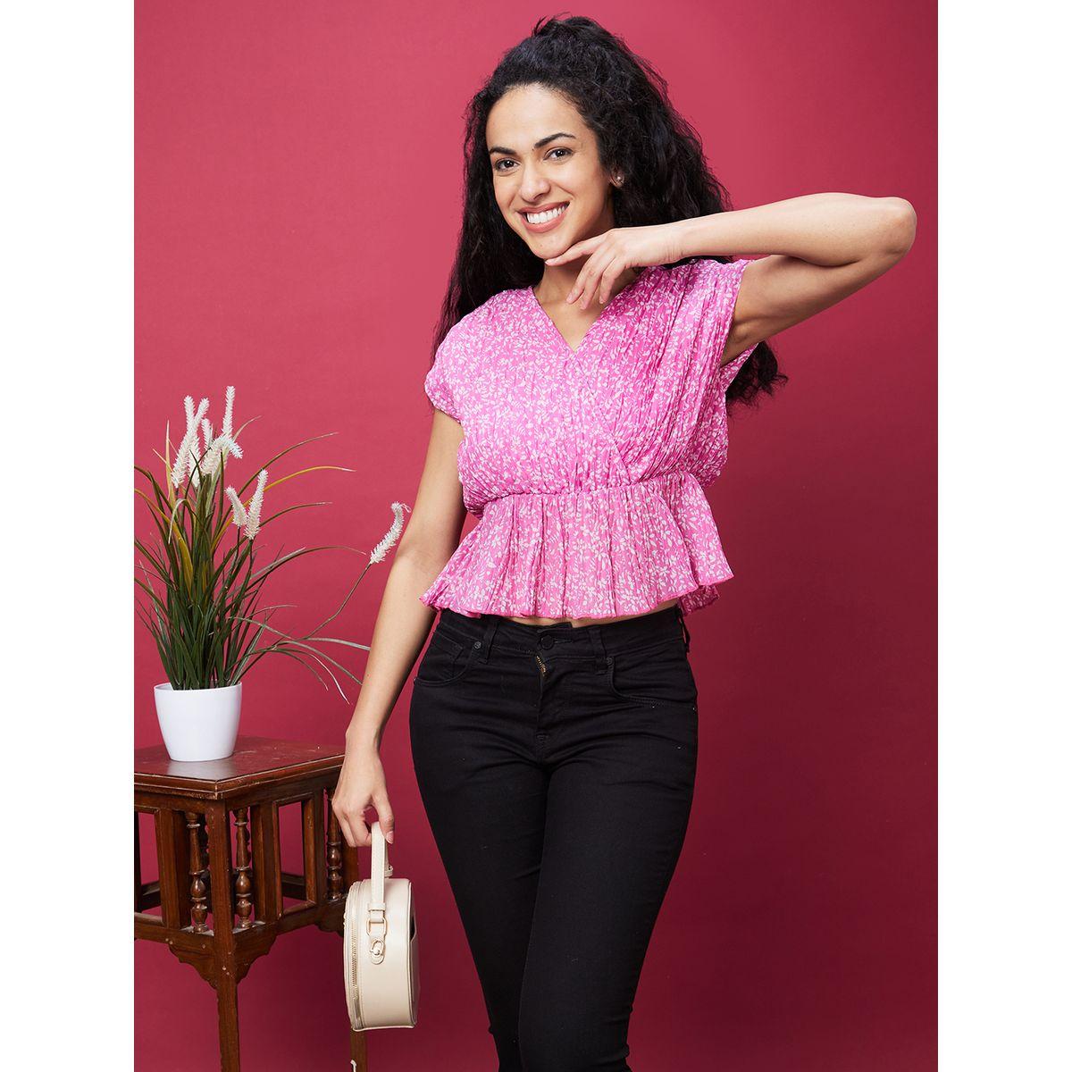 بلوزة قصيرة بطبعة زهور وأكمام ممتدة-women-clothing-tshirts-image-1