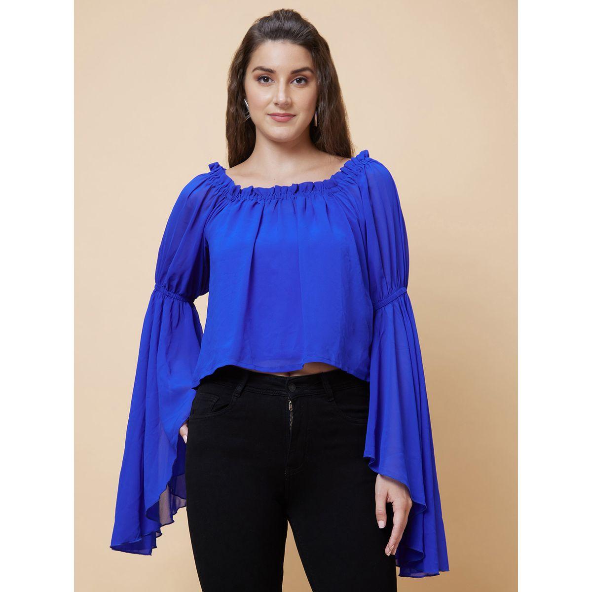 بلوزة سادة بأكمام جرس وتفاصيل مُجمعة-women-clothing-shirtsandblouses-blouses-image-2