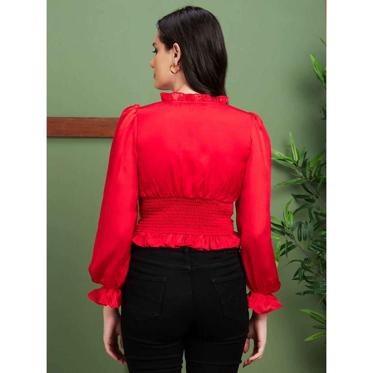Globus Solid Ruffled V-Neck Balloon Sleeve Top-women-clothing-shirtsandblouses-blouses-image-3