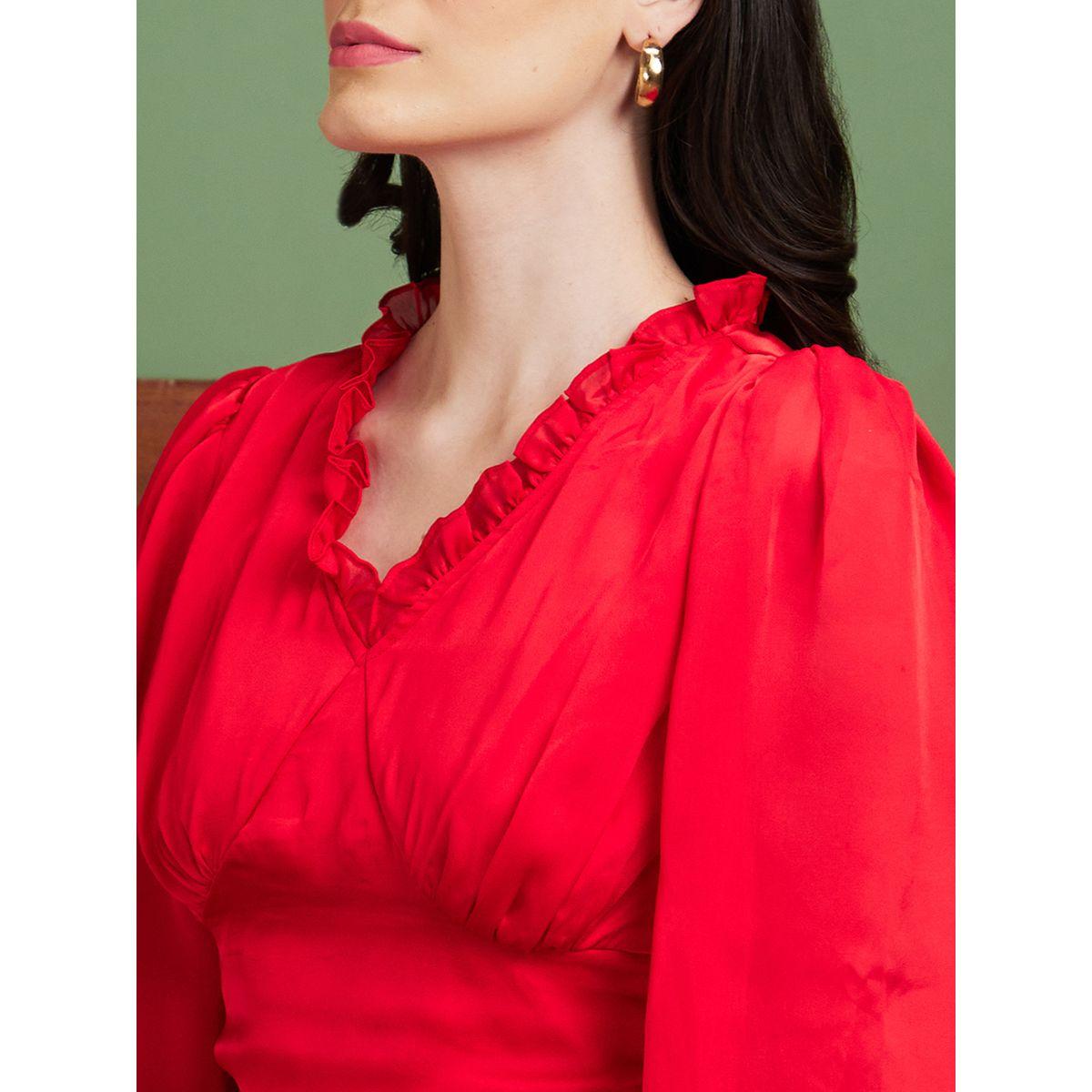 Globus Solid Ruffled V-Neck Balloon Sleeve Top-women-clothing-shirtsandblouses-blouses-image-4