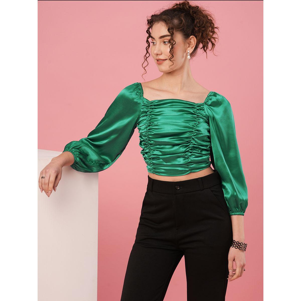 بلوزة قصيرة سادة ساتان بأكمام منفوخة-women-clothing-tshirts-image-1
