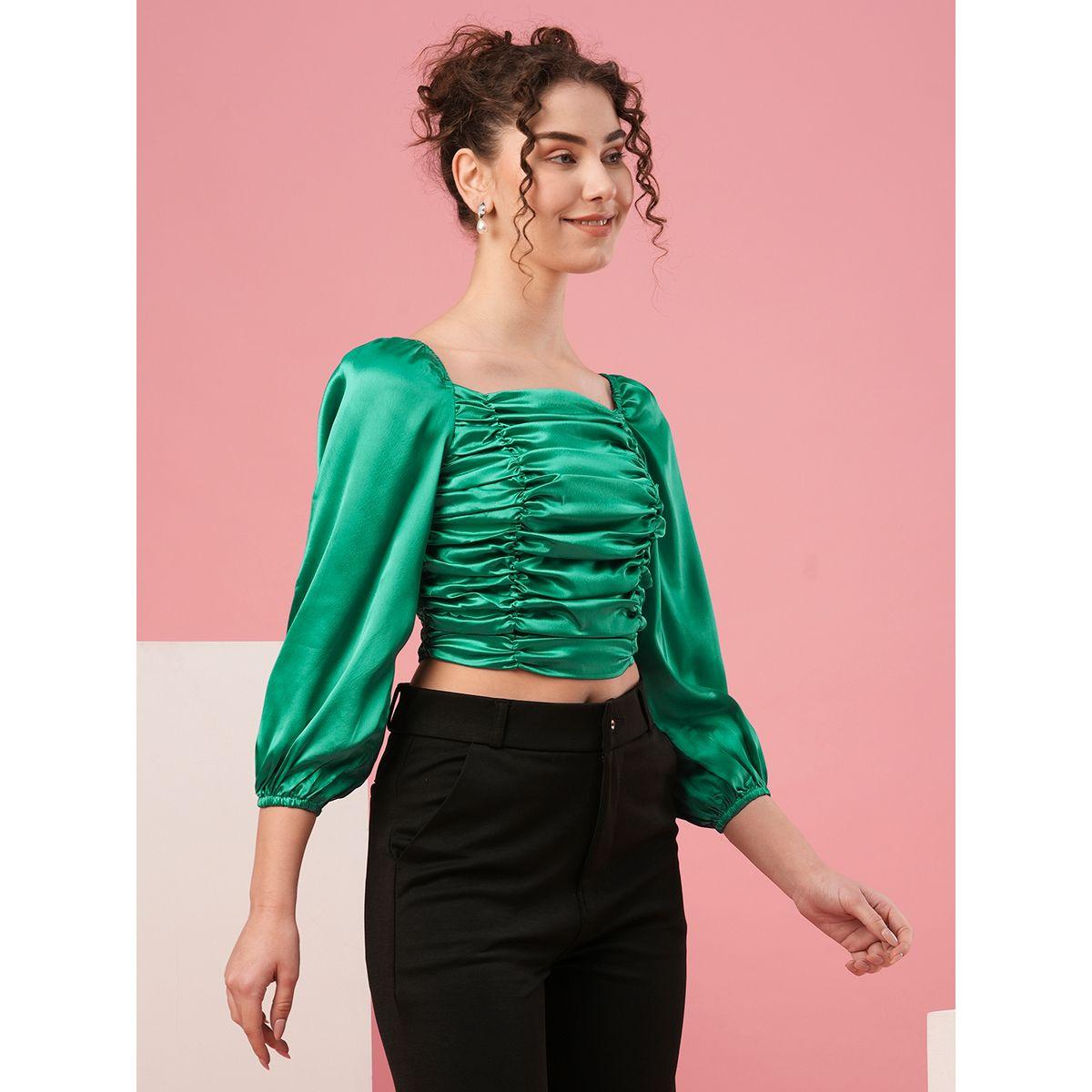 بلوزة قصيرة سادة ساتان بأكمام منفوخة-women-clothing-tshirts-image-2