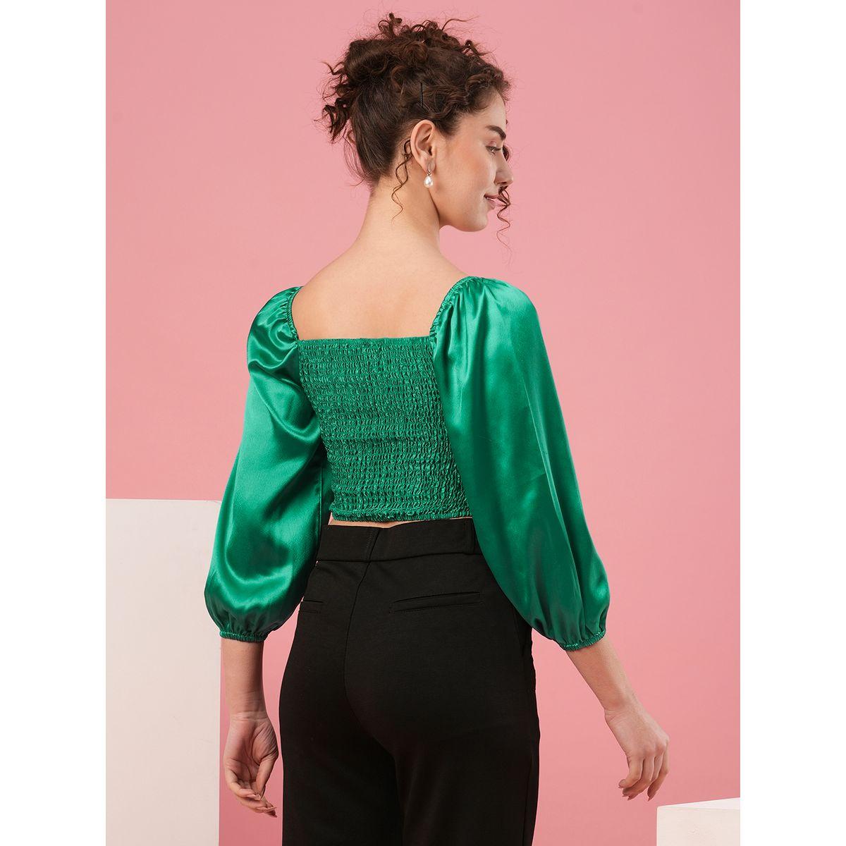بلوزة قصيرة سادة ساتان بأكمام منفوخة-women-clothing-tshirts-image-3