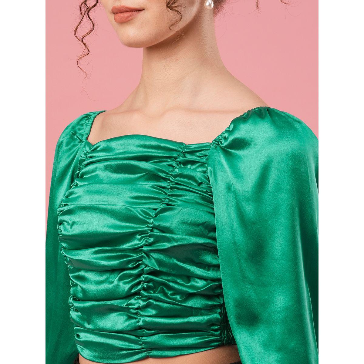 بلوزة قصيرة سادة ساتان بأكمام منفوخة-women-clothing-tshirts-image-4