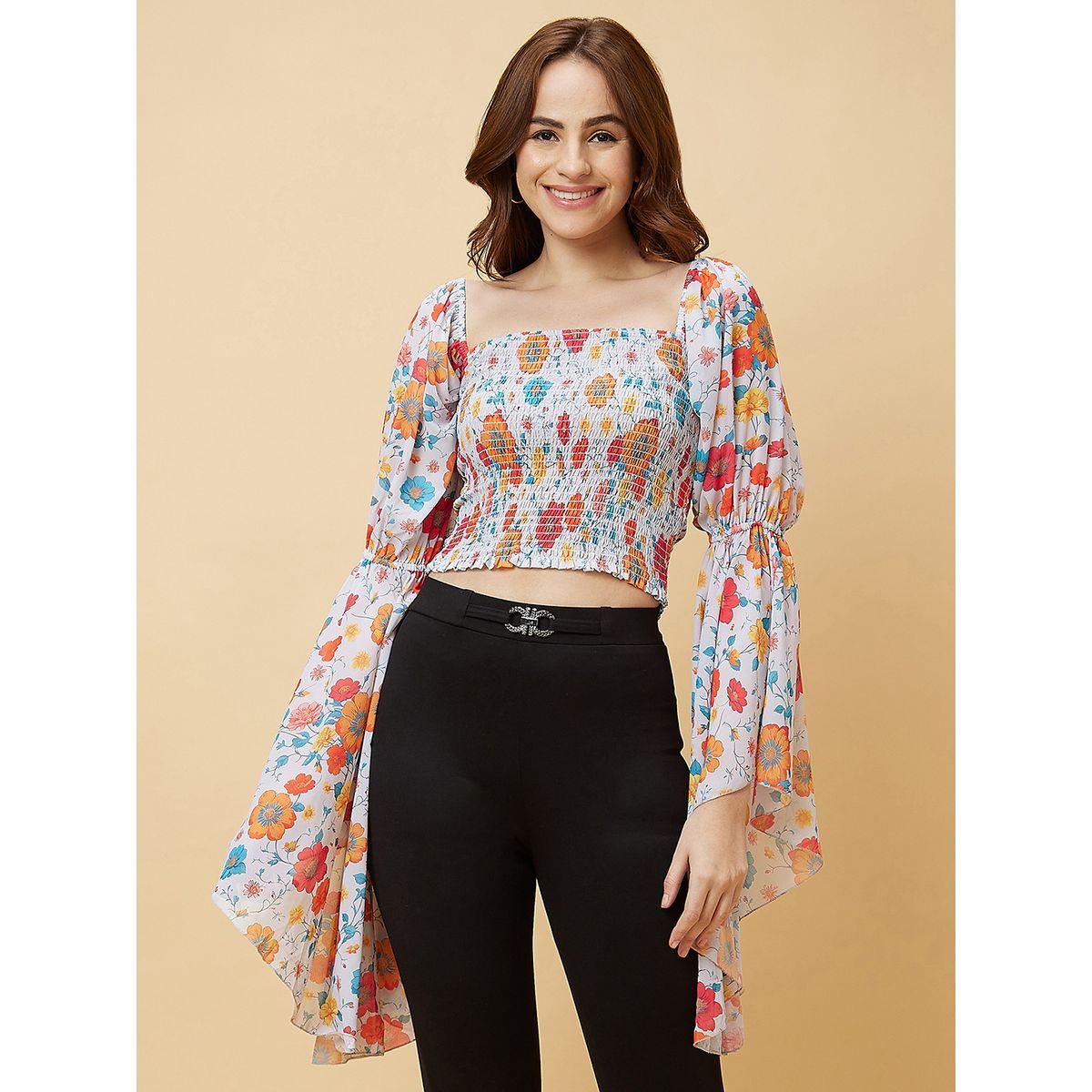 Globus Floral Print Square Neck Flared Sleeves Crop Top-women-clothing-tshirts-image-2