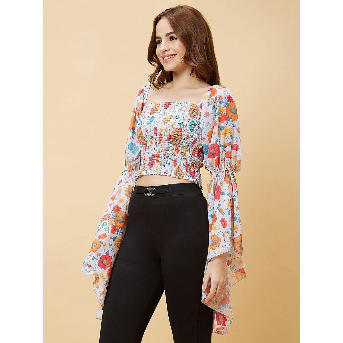 Globus Floral Print Square Neck Flared Sleeves Crop Top-women-clothing-tshirts-image-3