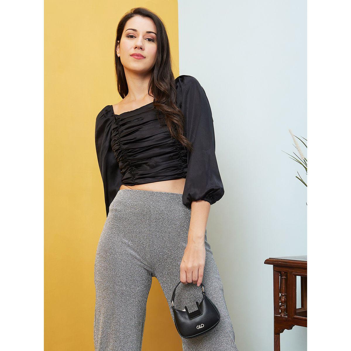 Globus Square Neck Balloon Sleeves Smocked Crop Top-women-clothing-tshirts-image-1