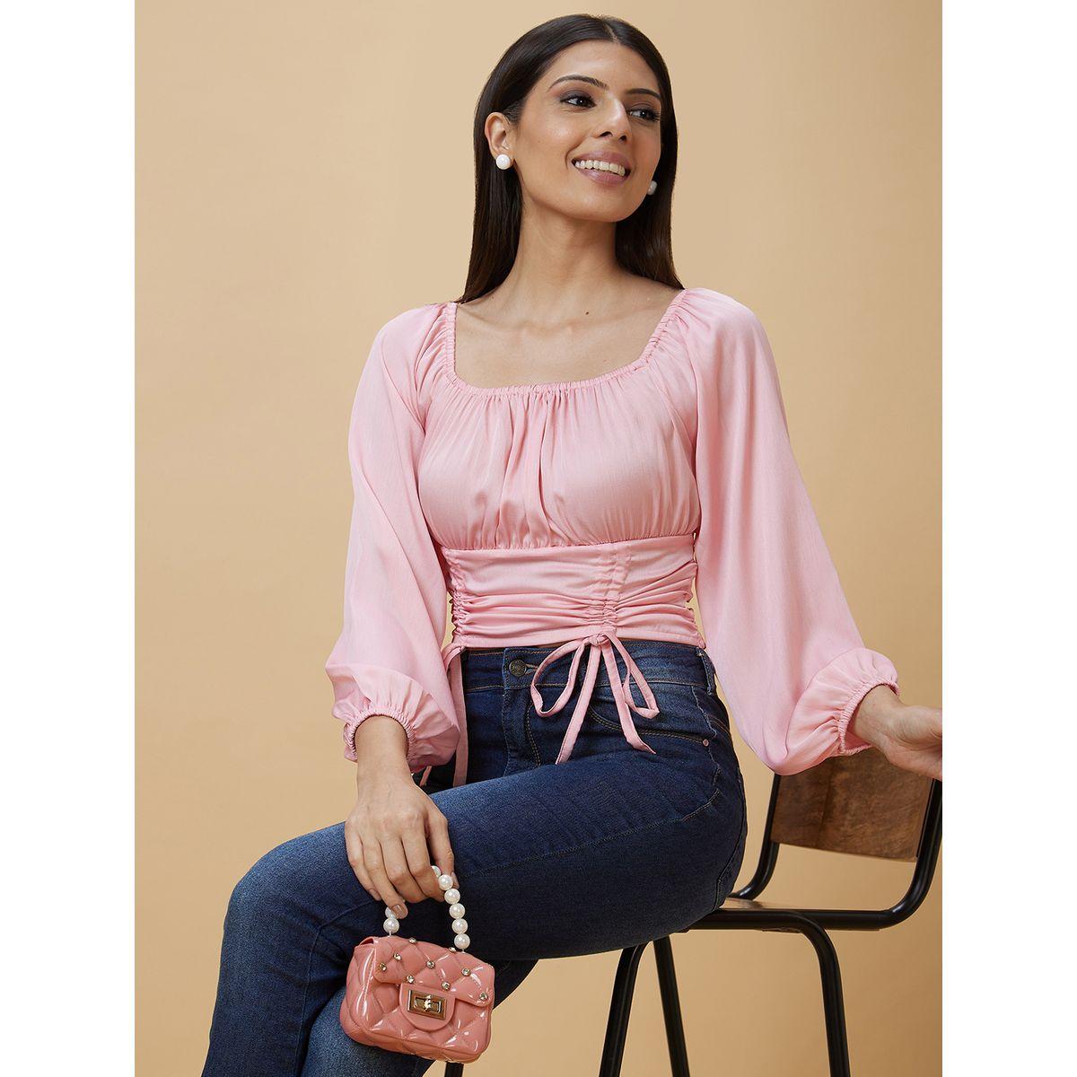 Globus Solid Square Neck Balloon Sleeve Crop Top-women-clothing-tshirts-image-1