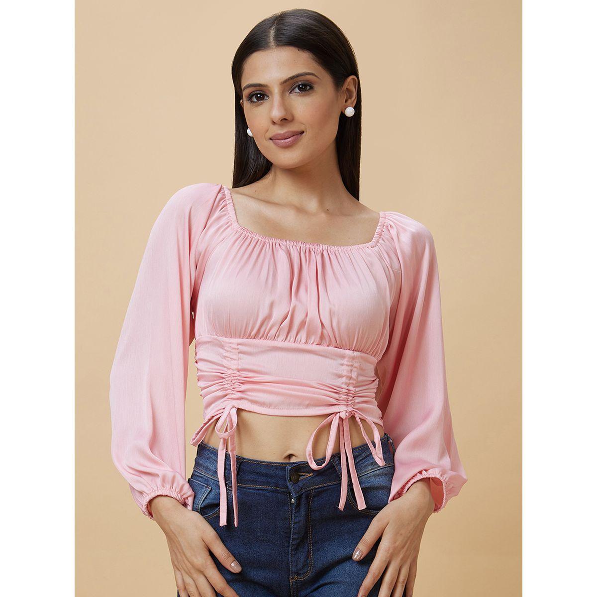 Globus Solid Square Neck Balloon Sleeve Crop Top-women-clothing-tshirts-image-2