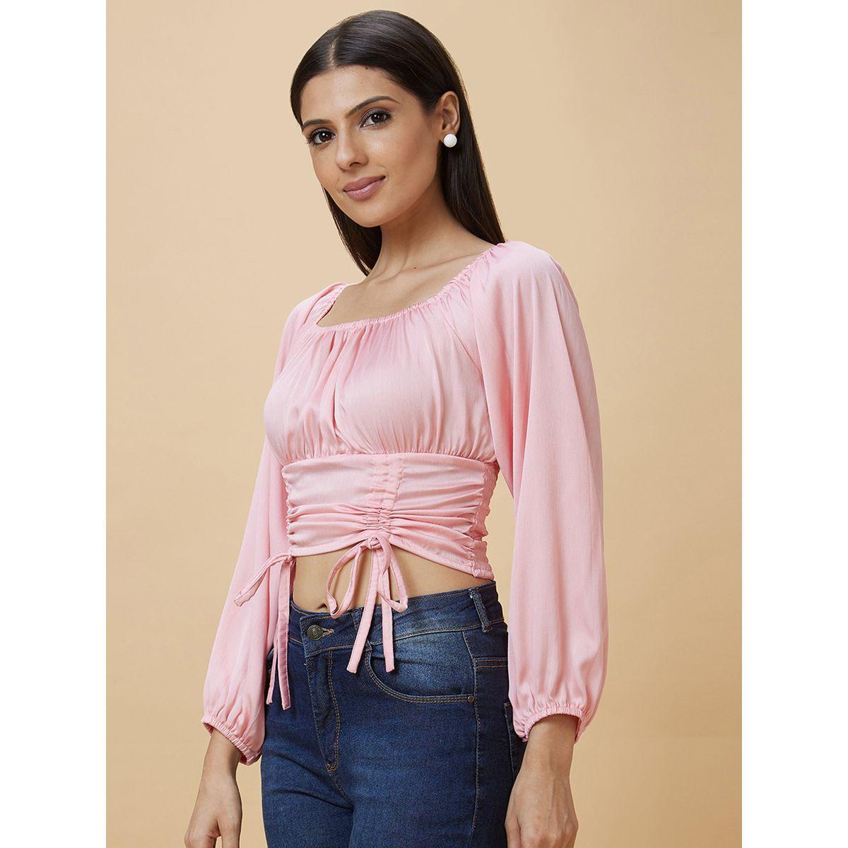 Globus Solid Square Neck Balloon Sleeve Crop Top-women-clothing-tshirts-image-3