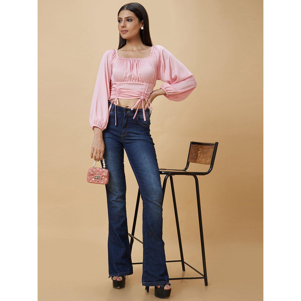 Globus Solid Square Neck Balloon Sleeve Crop Top-women-clothing-tshirts-image-6