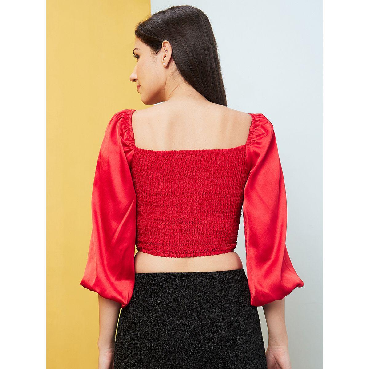 بلوزة قصيرة سادة بأكمام بالون-women-clothing-tshirts-image-3