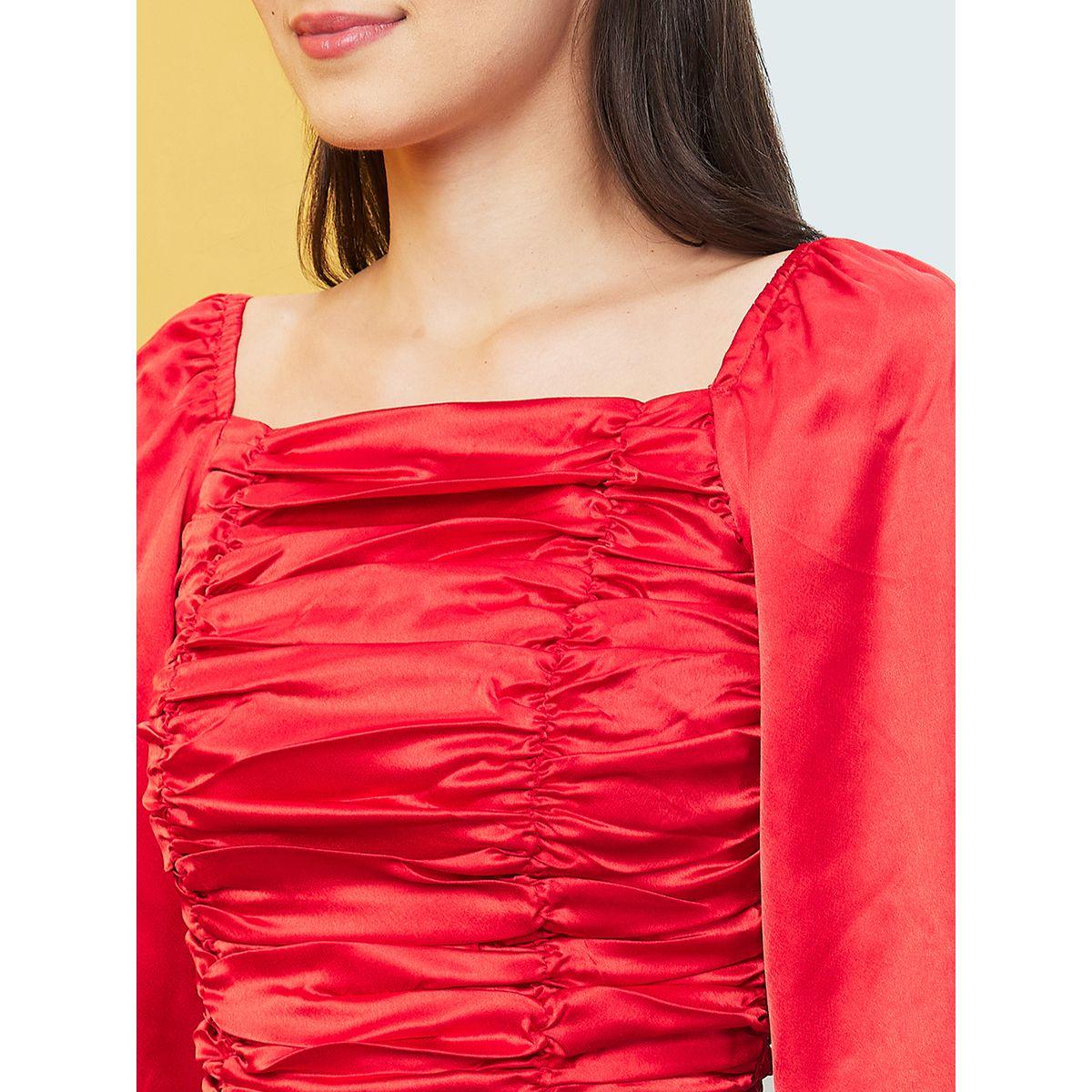 بلوزة قصيرة سادة بأكمام بالون-women-clothing-tshirts-image-4