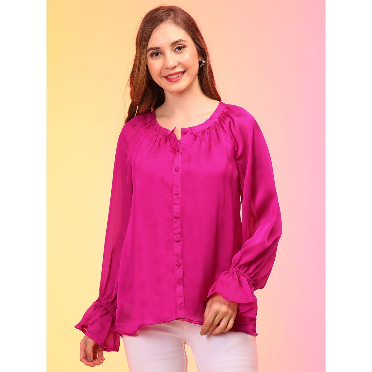Globus Solid Round Neck Ruffled Sleeves Buttoned Top-women-clothing-shirtsandblouses-blouses-image-1