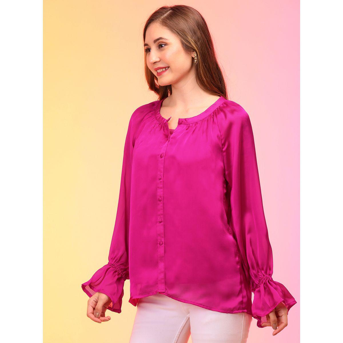 بلوزة سادة بياقة دائرية وأكمام بكشكش-women-clothing-shirtsandblouses-blouses-image-2