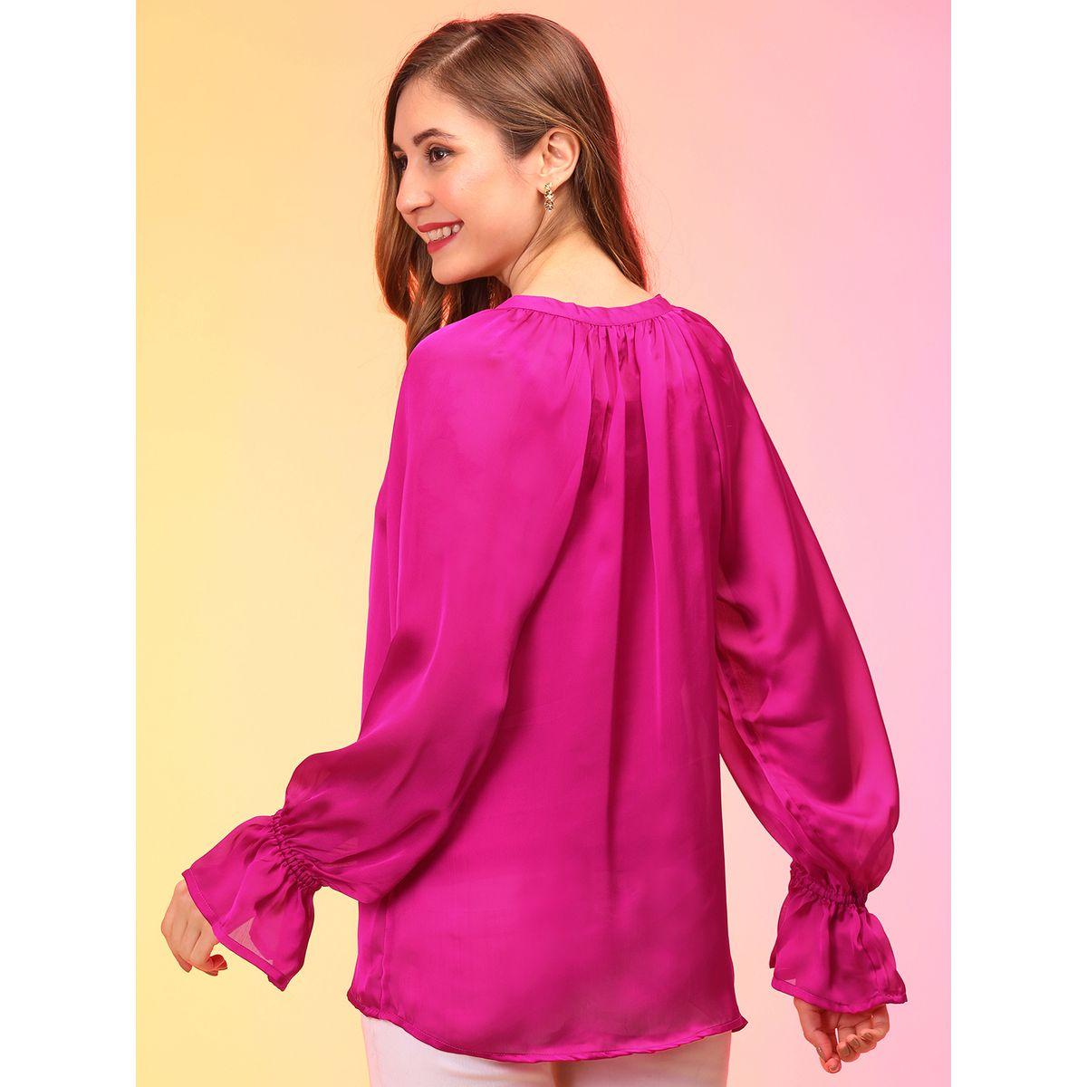 Globus Solid Round Neck Ruffled Sleeves Buttoned Top-women-clothing-shirtsandblouses-blouses-image-3