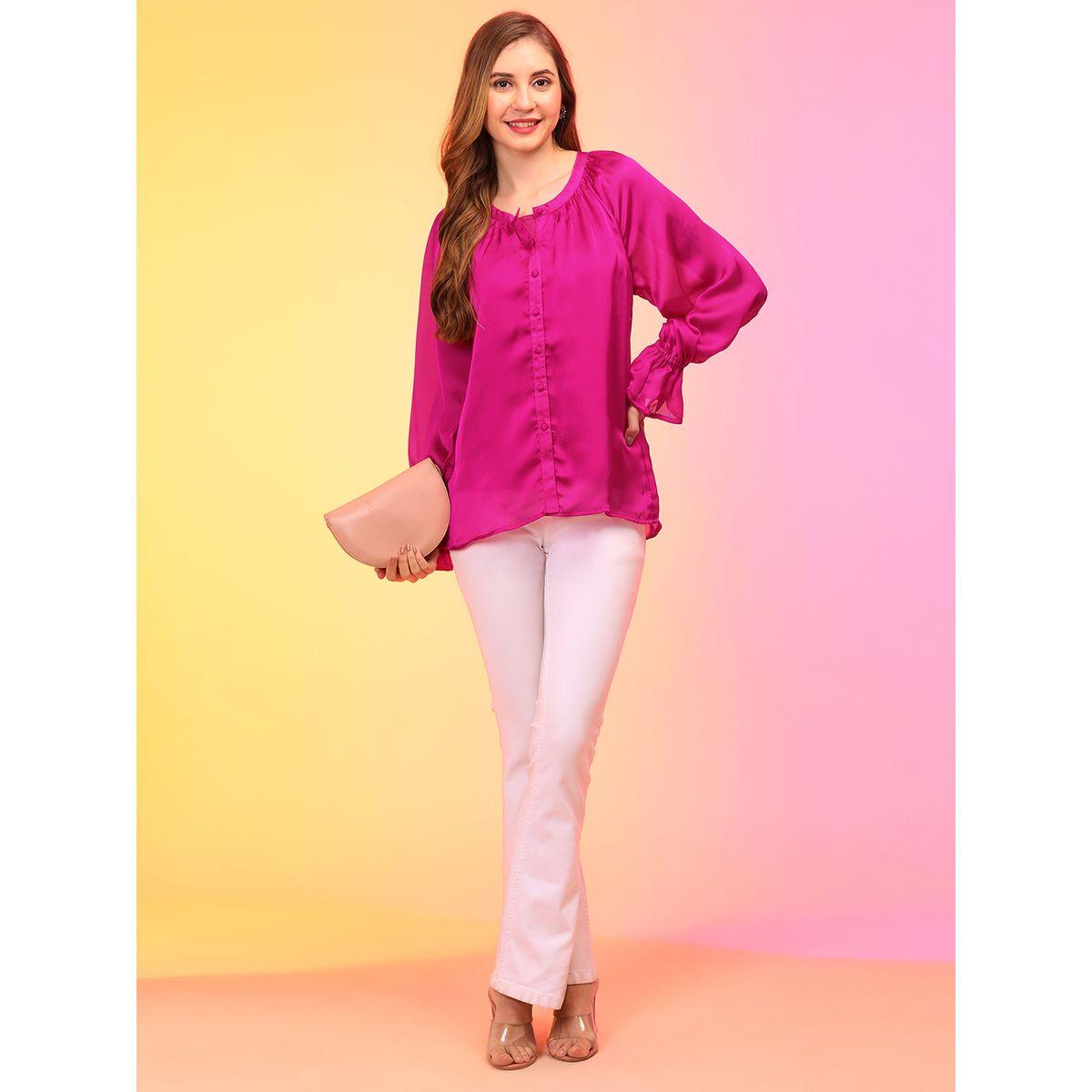 بلوزة سادة بياقة دائرية وأكمام بكشكش-women-clothing-shirtsandblouses-blouses-image-5