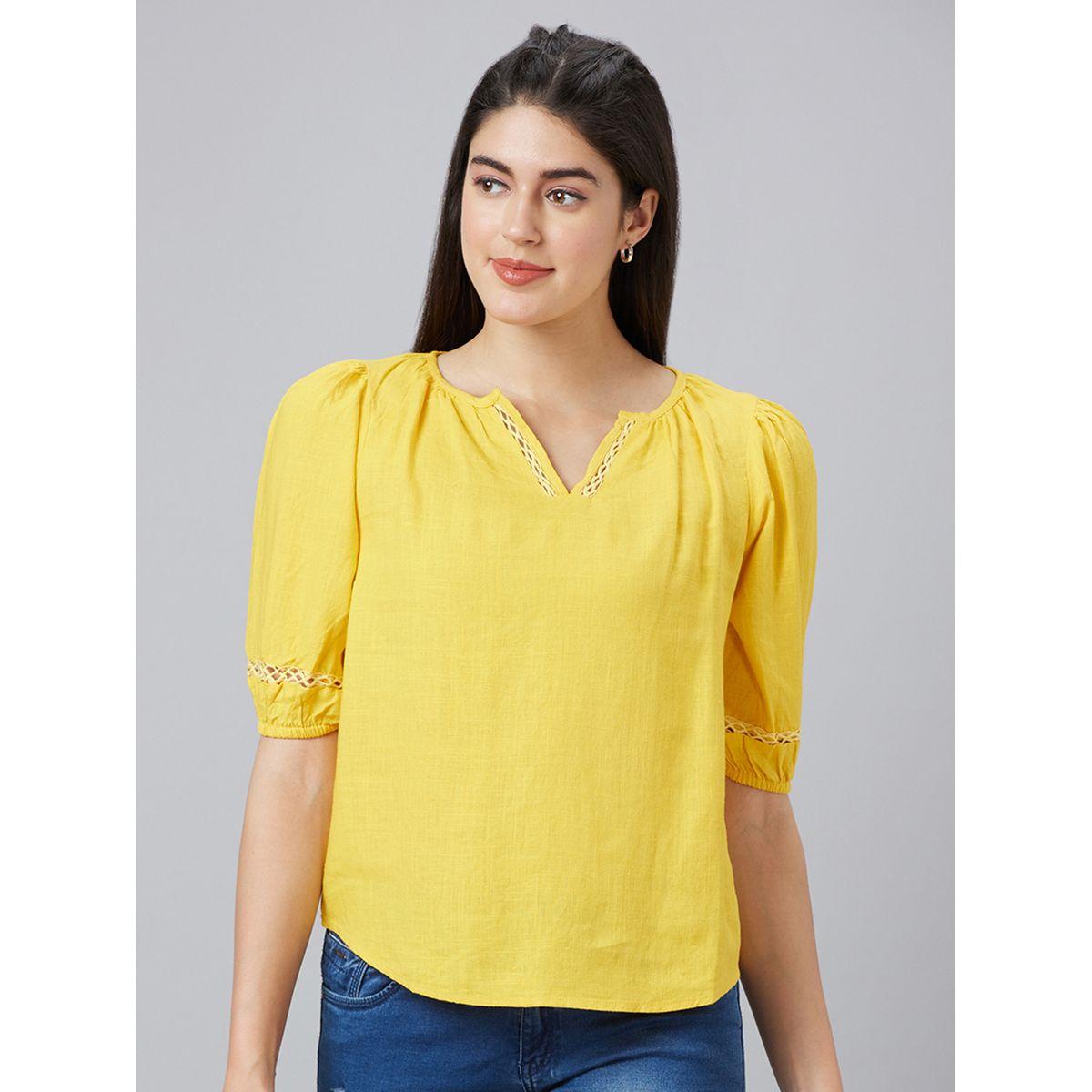 Globus Lace Detail Puff Sleeves Notch Neck Top-women-clothing-shirtsandblouses-blouses-image-1