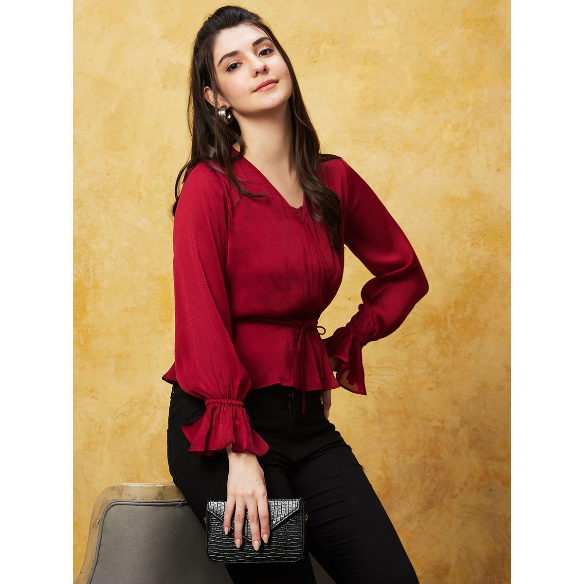 Globus Solid Satin Wrap V-Nceck Ruffled Sleeves Top-women-clothing-shirtsandblouses-blouses-image-1