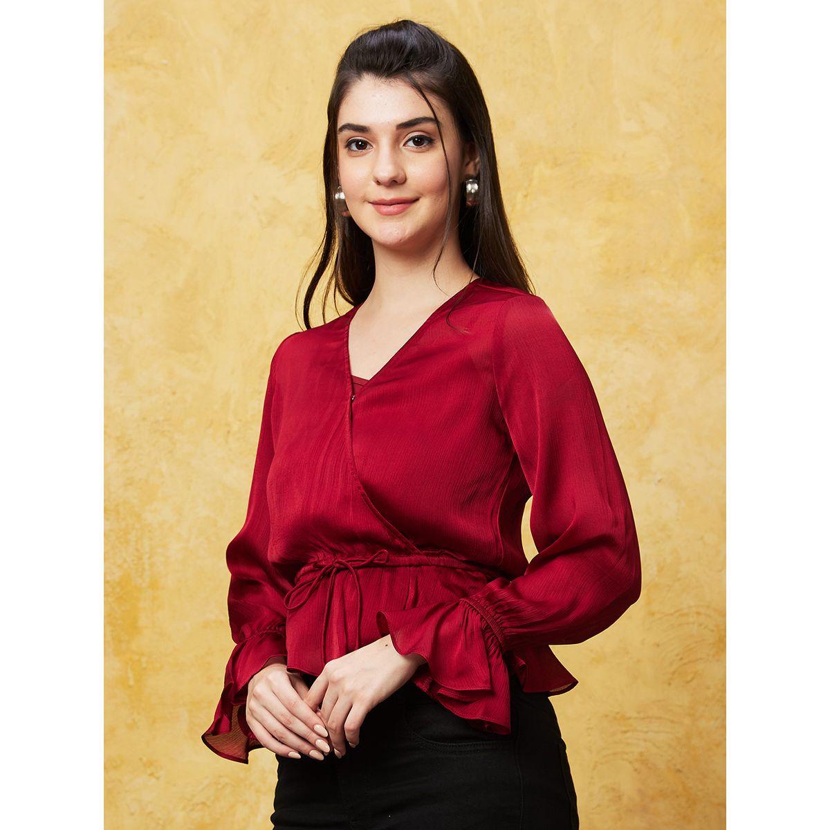 Globus Solid Satin Wrap V-Nceck Ruffled Sleeves Top-women-clothing-shirtsandblouses-blouses-image-2